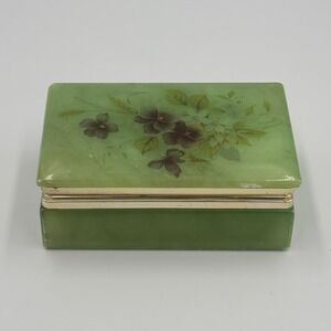 Vintage Green‎ Alabaster Trinket Jewelry Vanity Box Hinged Floral 4.5" x 1.75"